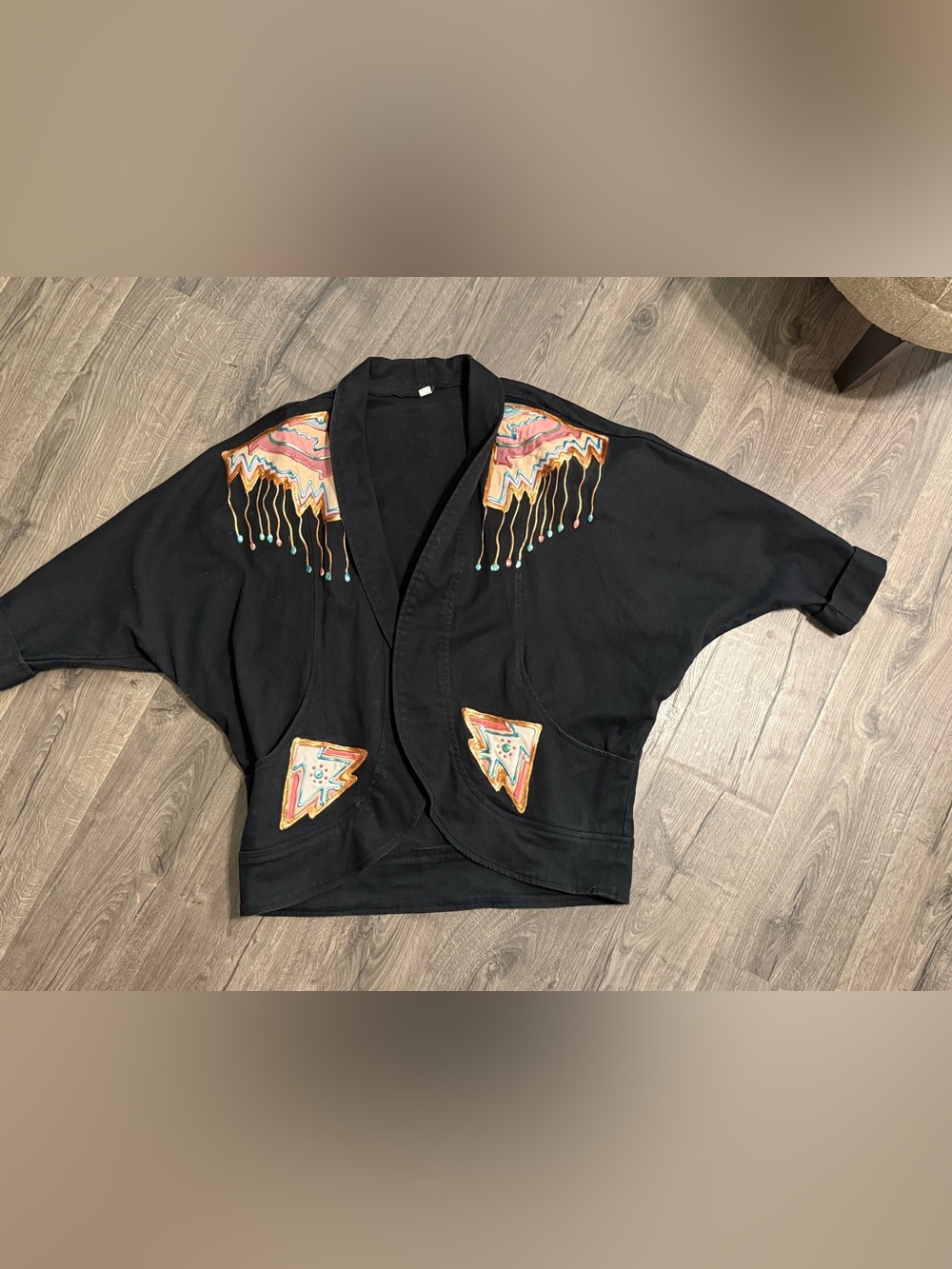 Black Embroidered Kimono Jacket with Colorful Accent